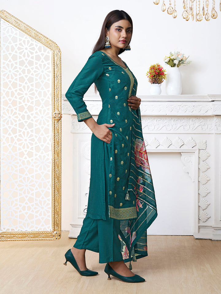 Green Dola Ethnic Motifs Jacquard Kurta Suit Set - qivii