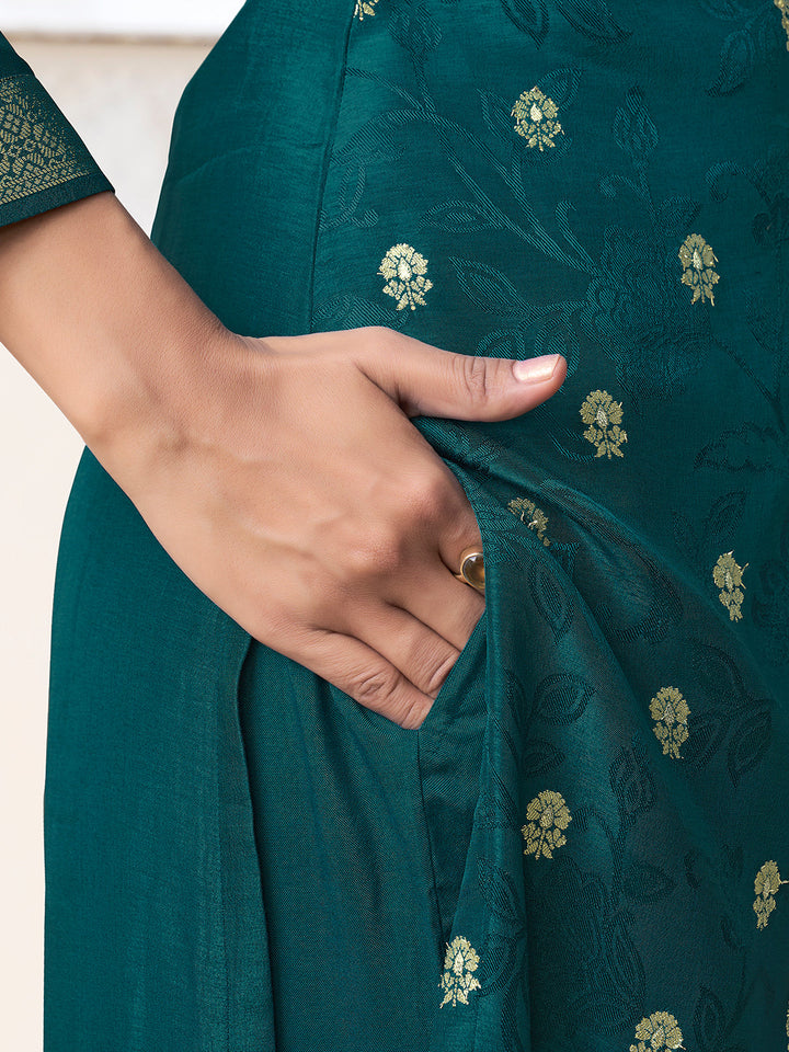 Green Dola Ethnic Motifs Jacquard Kurta Suit Set - qivii