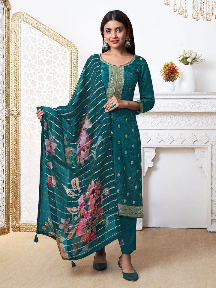 Green Dola Ethnic Motifs Jacquard Kurta Suit Set - qivii