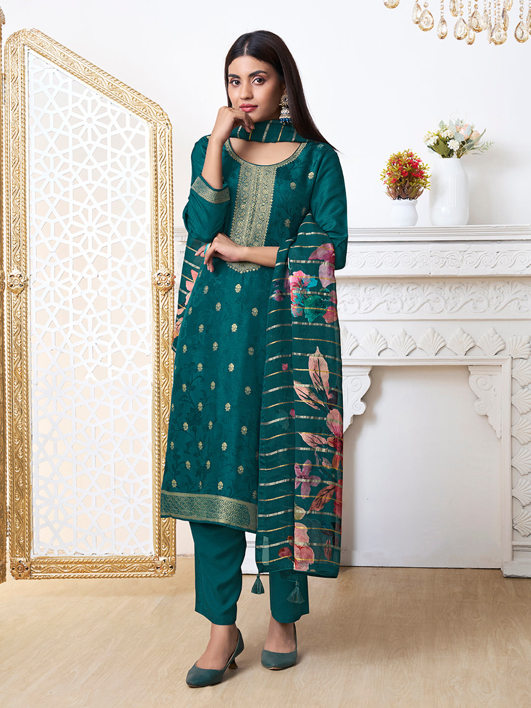 Green Dola Ethnic Motifs Jacquard Kurta Suit Set - qivii