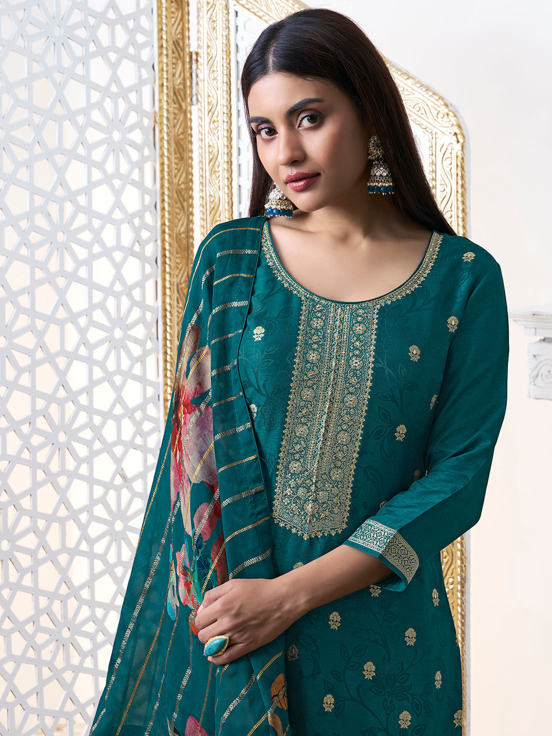 Green Dola Ethnic Motifs Jacquard Kurta Suit Set - qivii