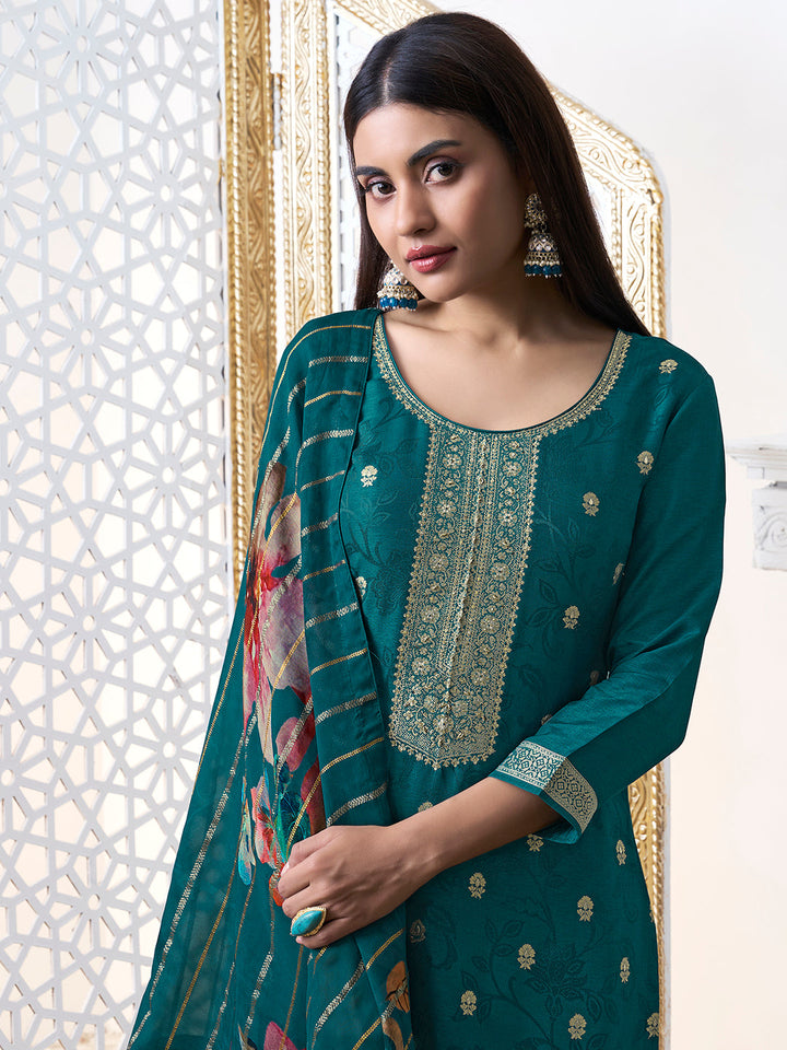 Green Dola Ethnic Motifs Jacquard Kurta Suit Set - qivii