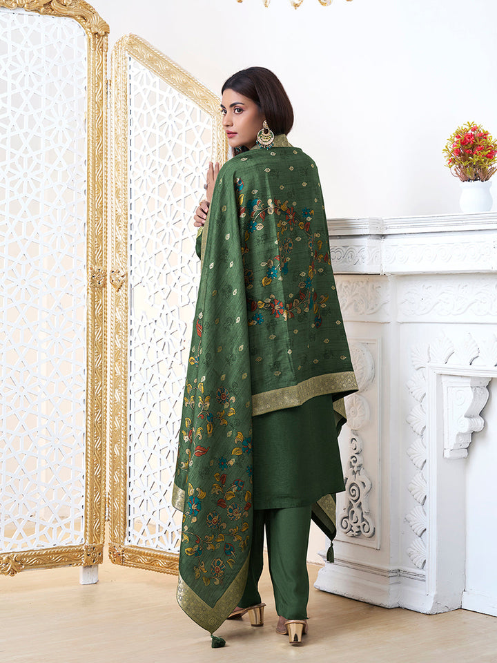 Dark Green Dola Silk with Jacquard Weave Kurta Suit Set - qivii