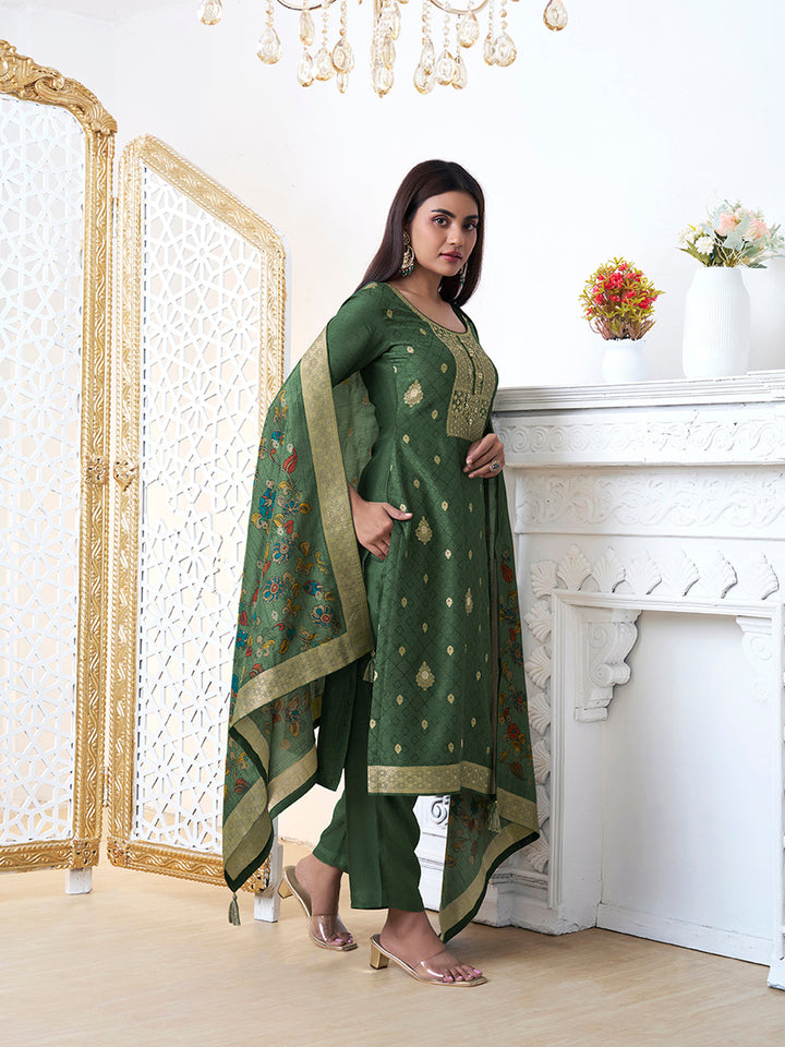 Dark Green Dola Silk with Jacquard Weave Kurta Suit Set - qivii