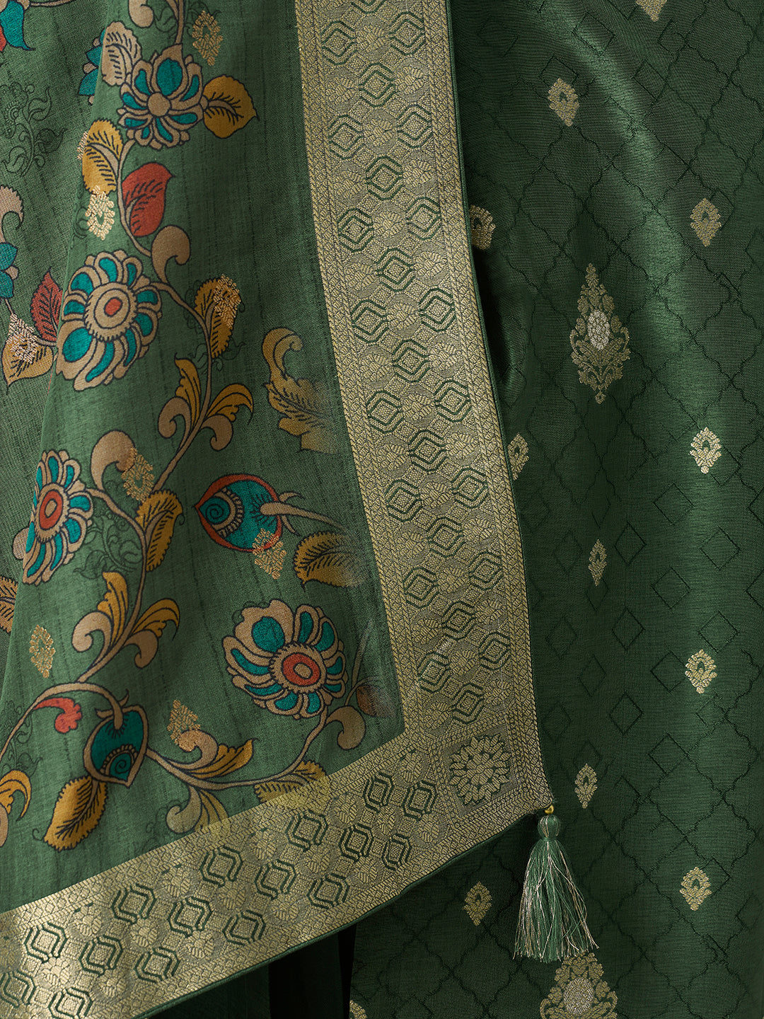 Dark Green Dola Silk with Jacquard Weave Kurta Suit Set - qivii