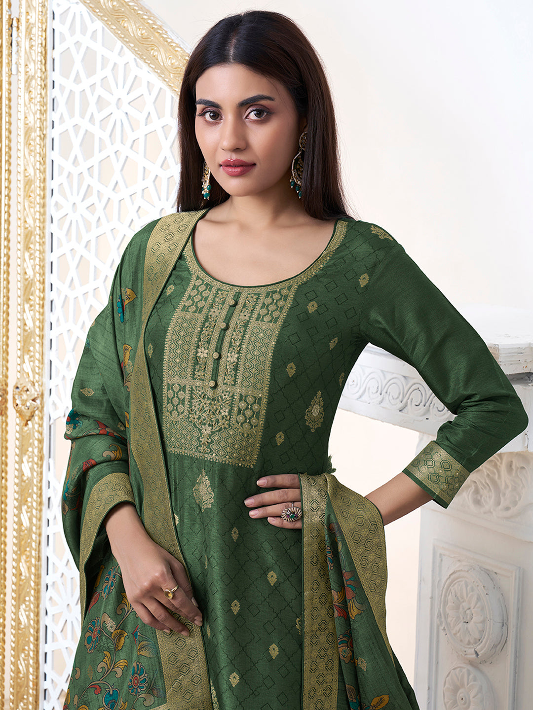 Dark Green Dola Silk with Jacquard Weave Kurta Suit Set - qivii