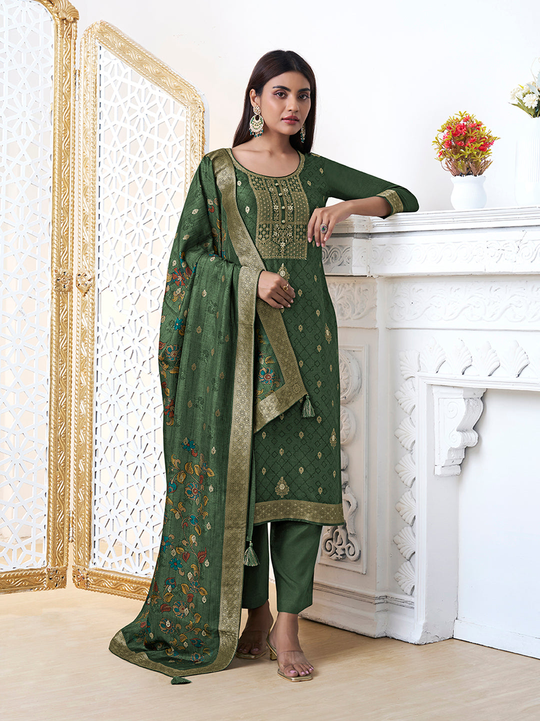 Dark Green Dola Silk with Jacquard Weave Kurta Suit Set - qivii
