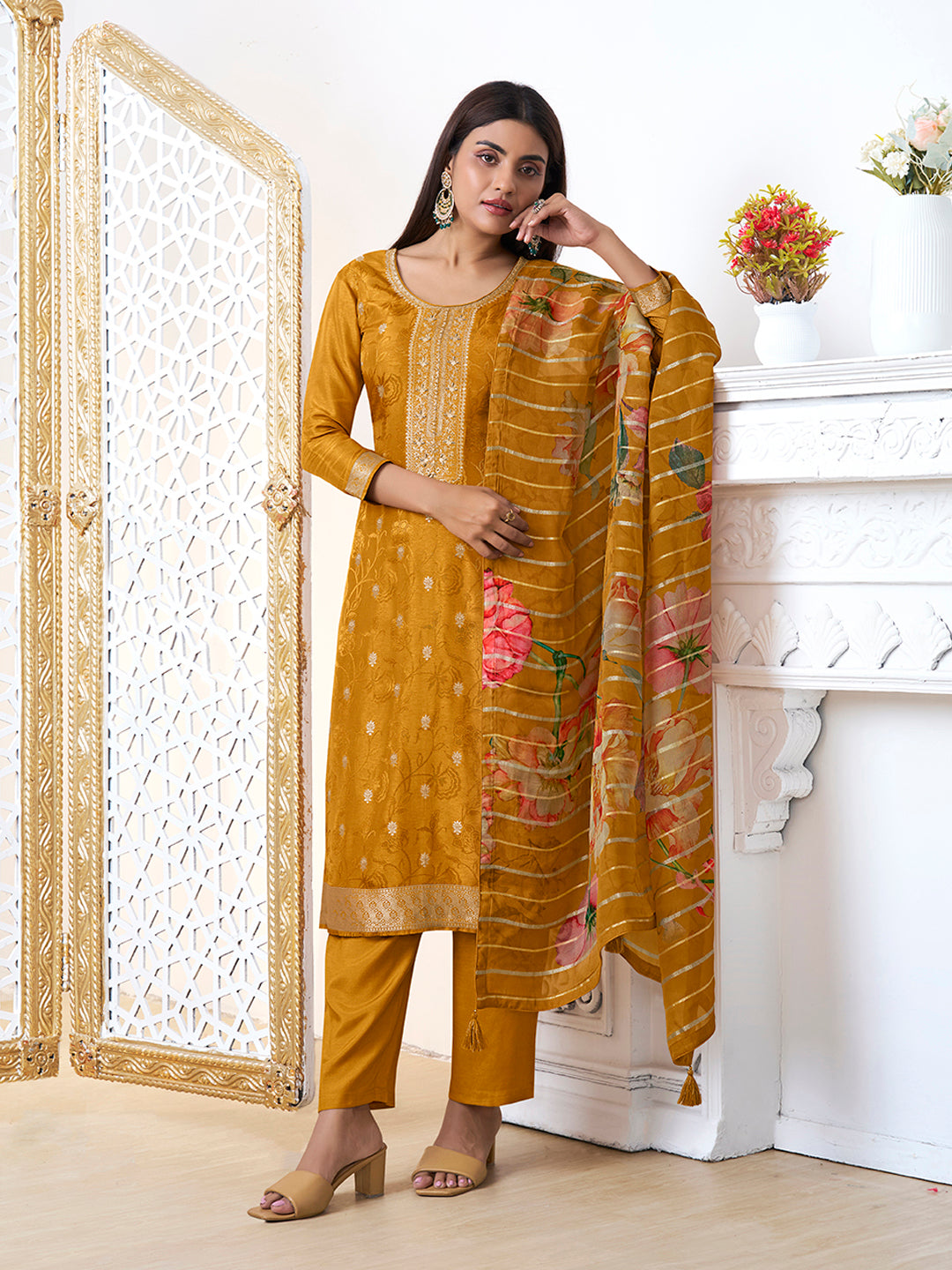 Mustard Yellow Dola Ethnic Motifs Jacquard Kurta Suit Set - qivii