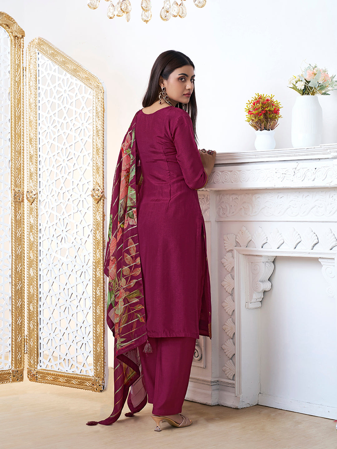 Wine Dola Ethnic Motifs Jacquard Kurta Suit Set - qivii