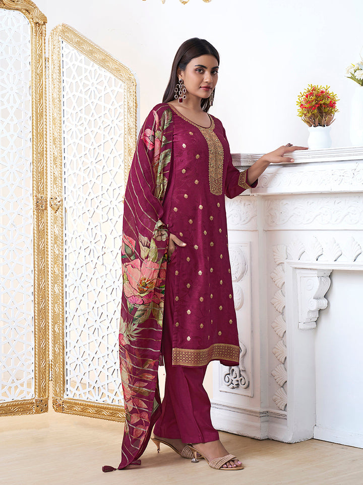 Wine Dola Ethnic Motifs Jacquard Kurta Suit Set - qivii