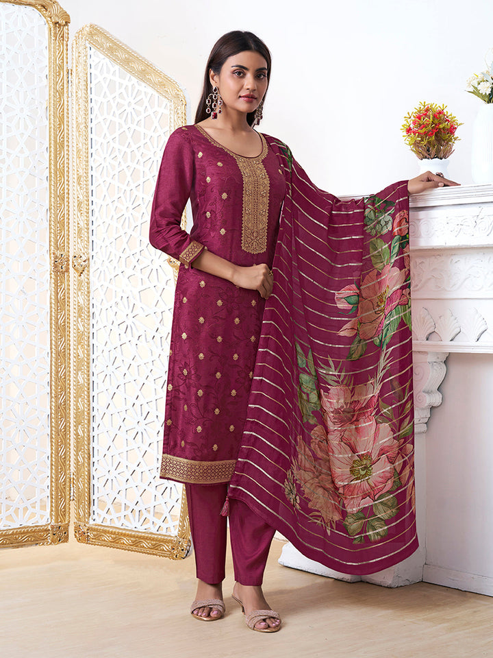 Wine Dola Ethnic Motifs Jacquard Kurta Suit Set - qivii