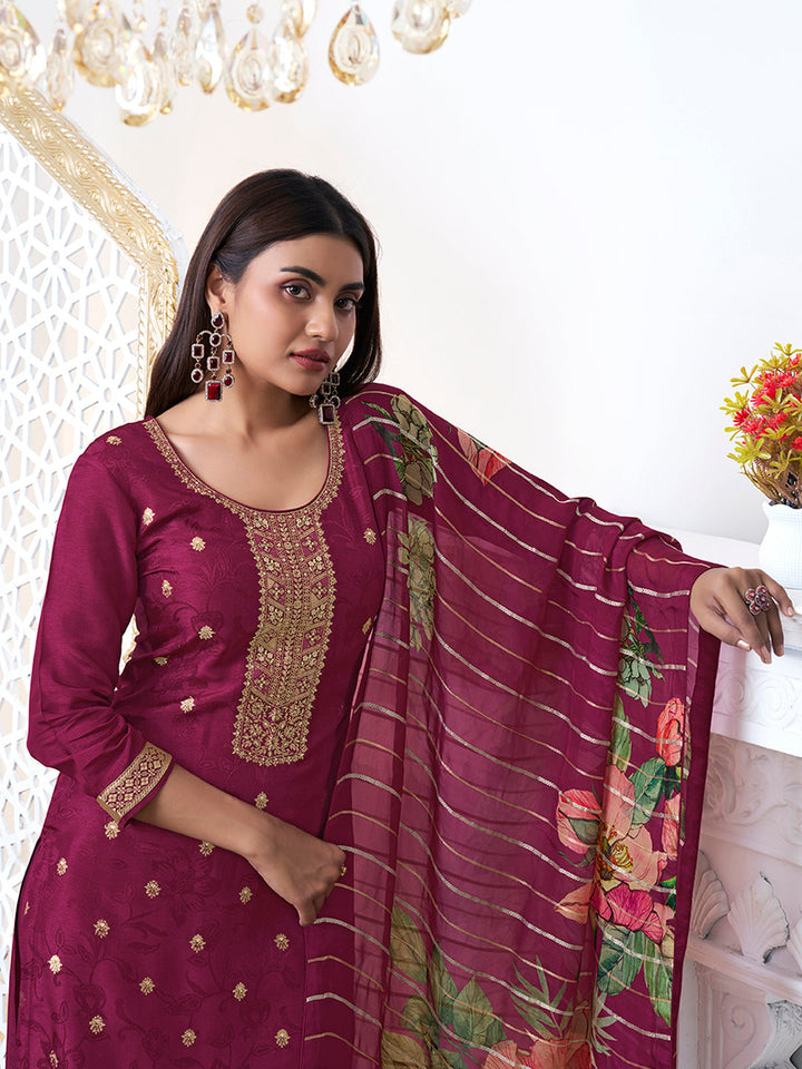 Wine Dola Ethnic Motifs Jacquard Kurta Suit Set - qivii
