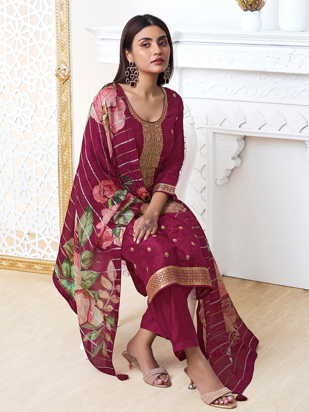 Wine Dola Ethnic Motifs Jacquard Kurta Suit Set - qivii