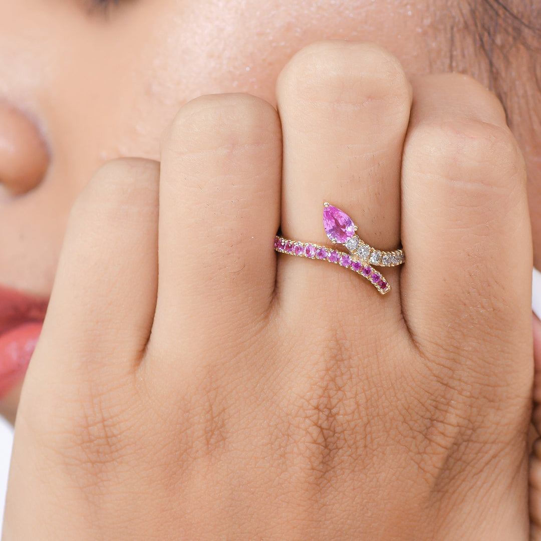 Pink Sapphire Pear Diamond Bypass Ring - qivii