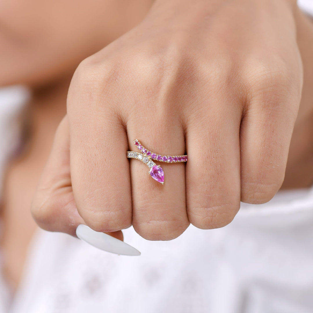Pink Sapphire Pear Diamond Bypass Ring - qivii