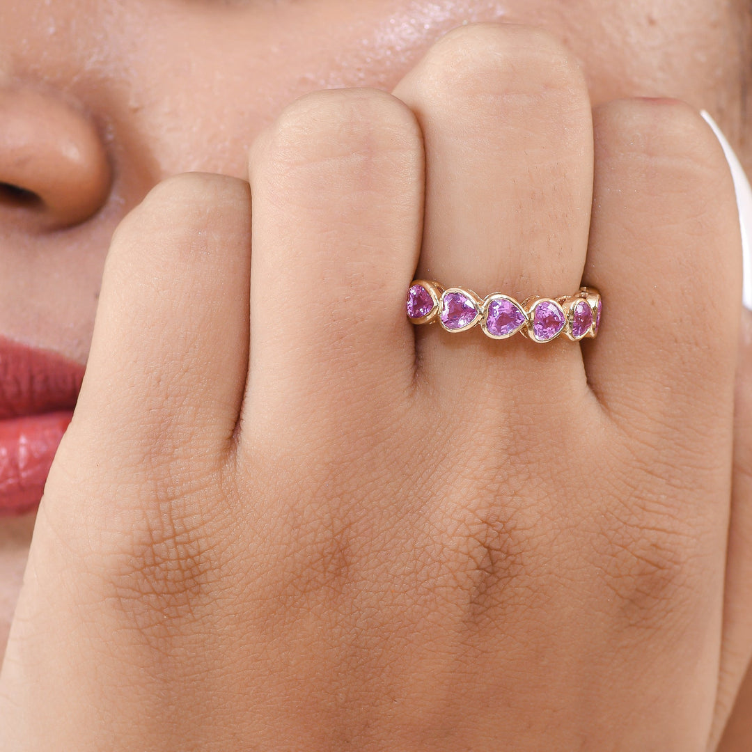 Pink Sapphire Heart Bezel Set East West Ring - qivii