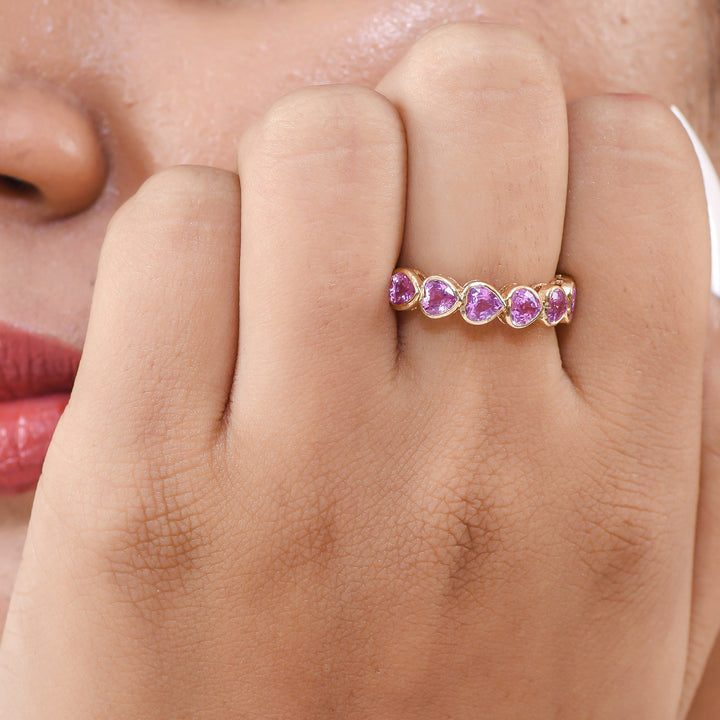 Pink Sapphire Heart Bezel Set East West Ring - qivii