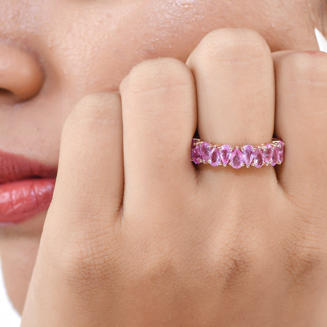 Pink Sapphire Pear Upside Down Eternity Band Ring - qivii