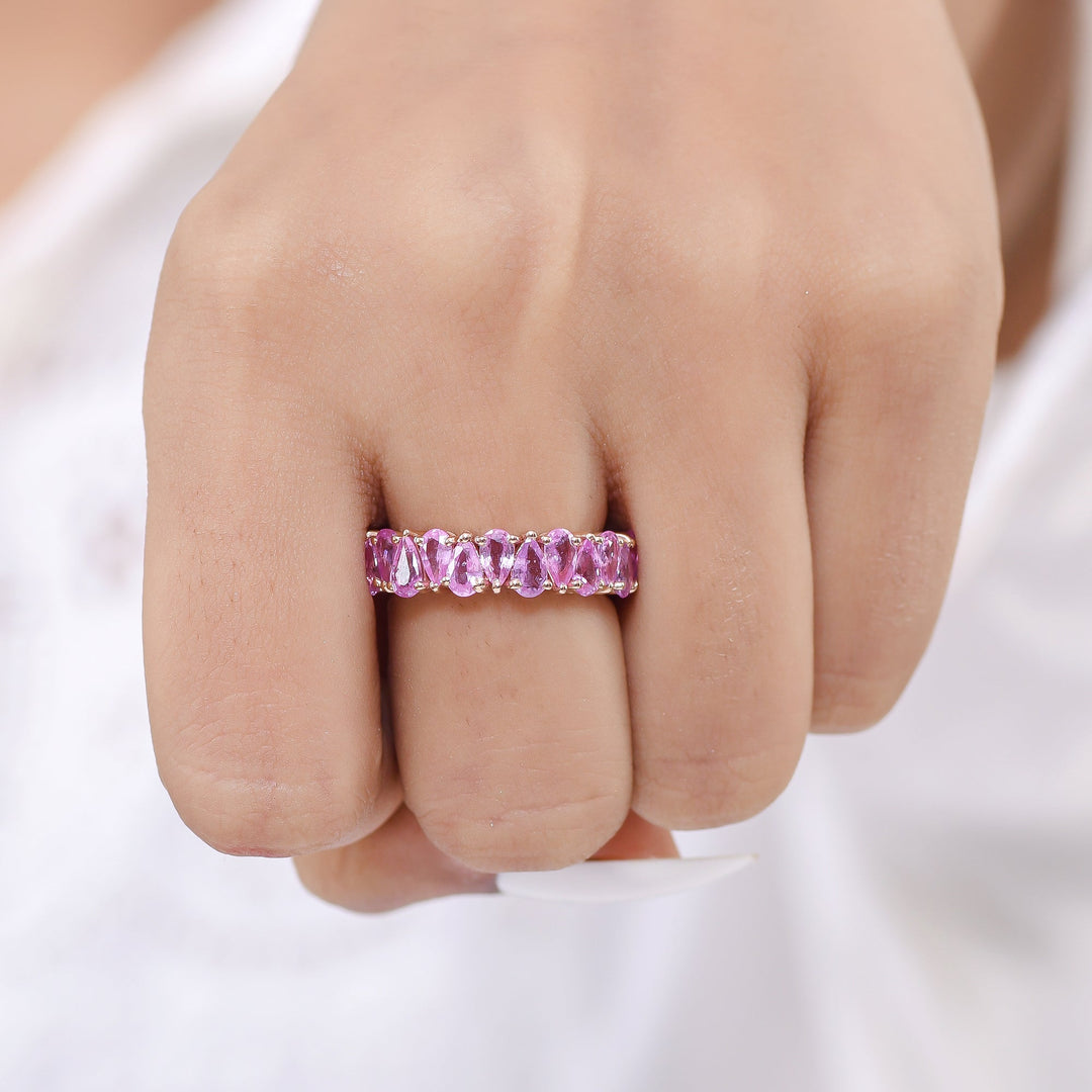 Pink Sapphire Pear Upside Down Eternity Band Ring - qivii