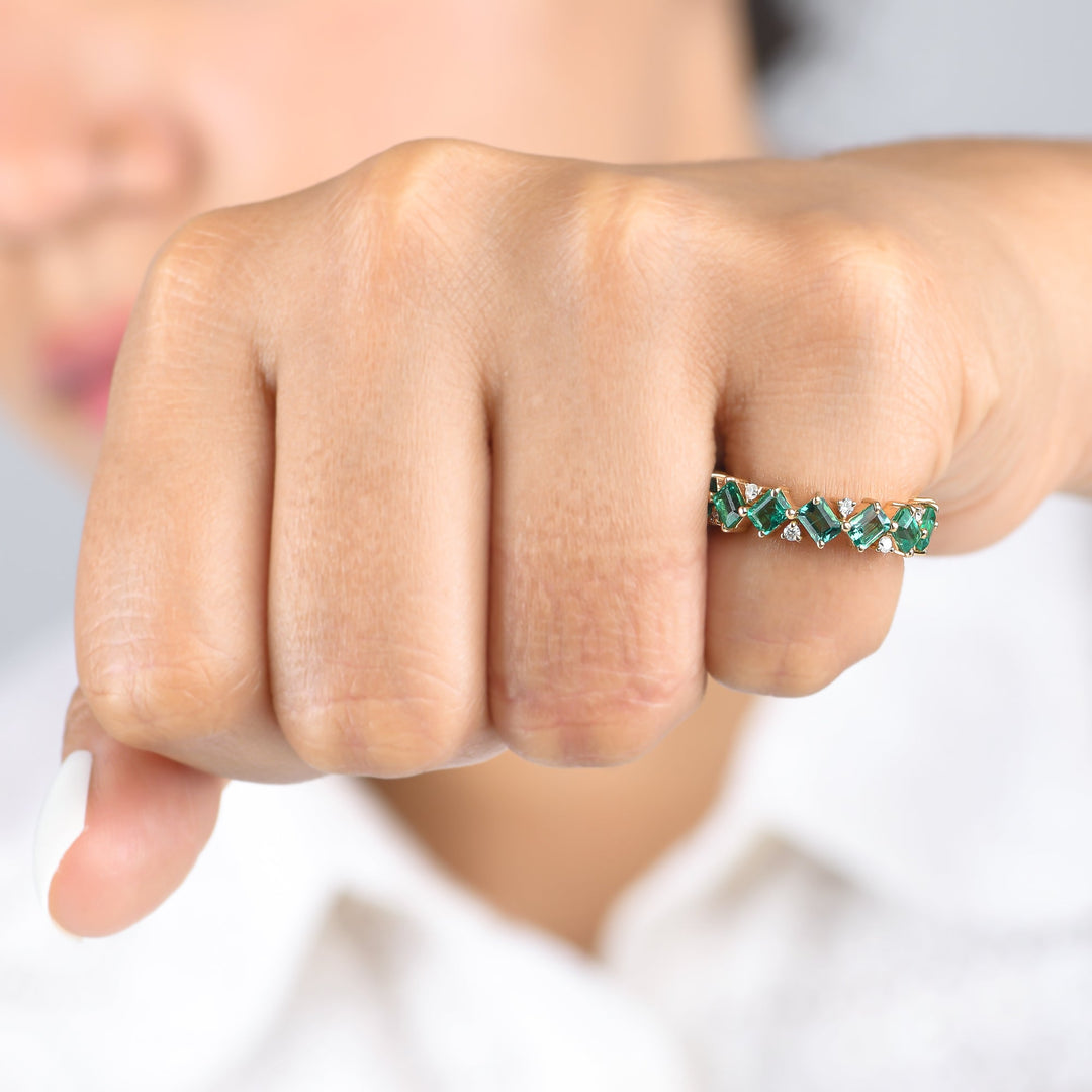 Emerald and Diamond Octagon Diagonal Ring - qivii