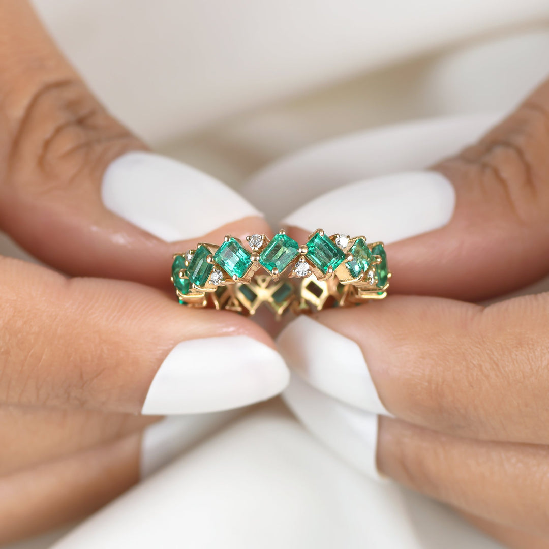 Emerald and Diamond Octagon Diagonal Ring - qivii