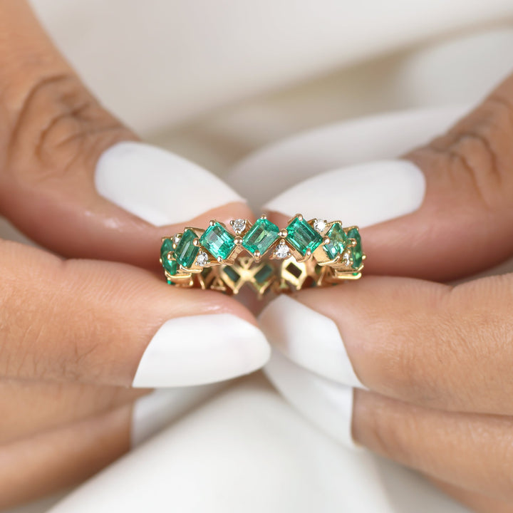 Emerald and Diamond Octagon Diagonal Ring - qivii