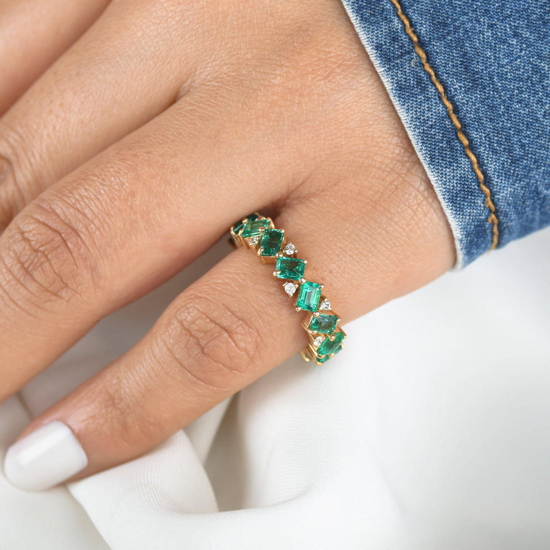 Emerald and Diamond Octagon Diagonal Ring - qivii