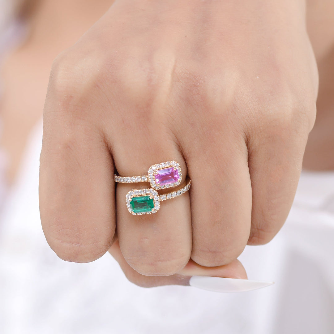 Emerald and Pink Sapphire Octagon Two Stone Ring - qivii