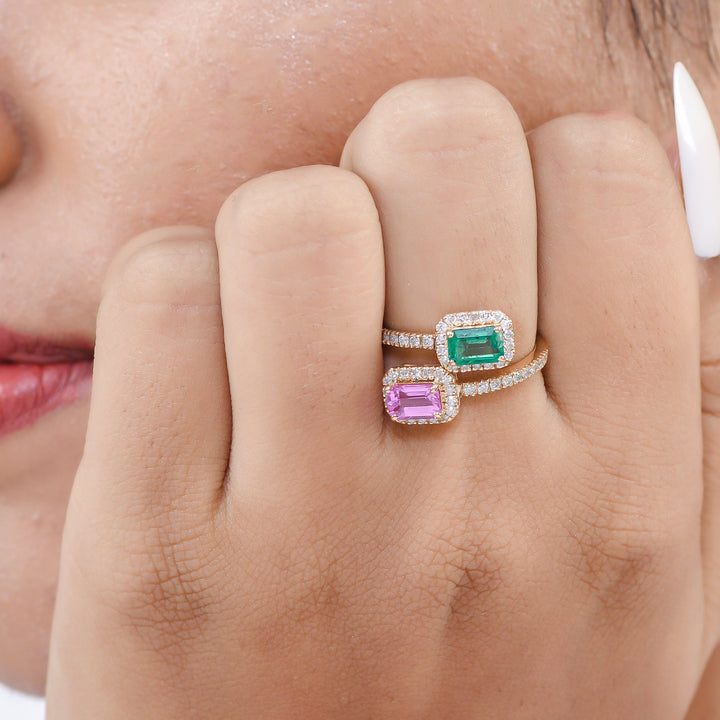 Emerald and Pink Sapphire Octagon Two Stone Ring - qivii