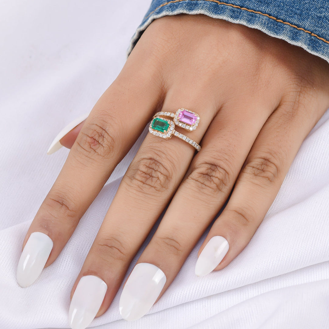 Emerald and Pink Sapphire Octagon Two Stone Ring - qivii