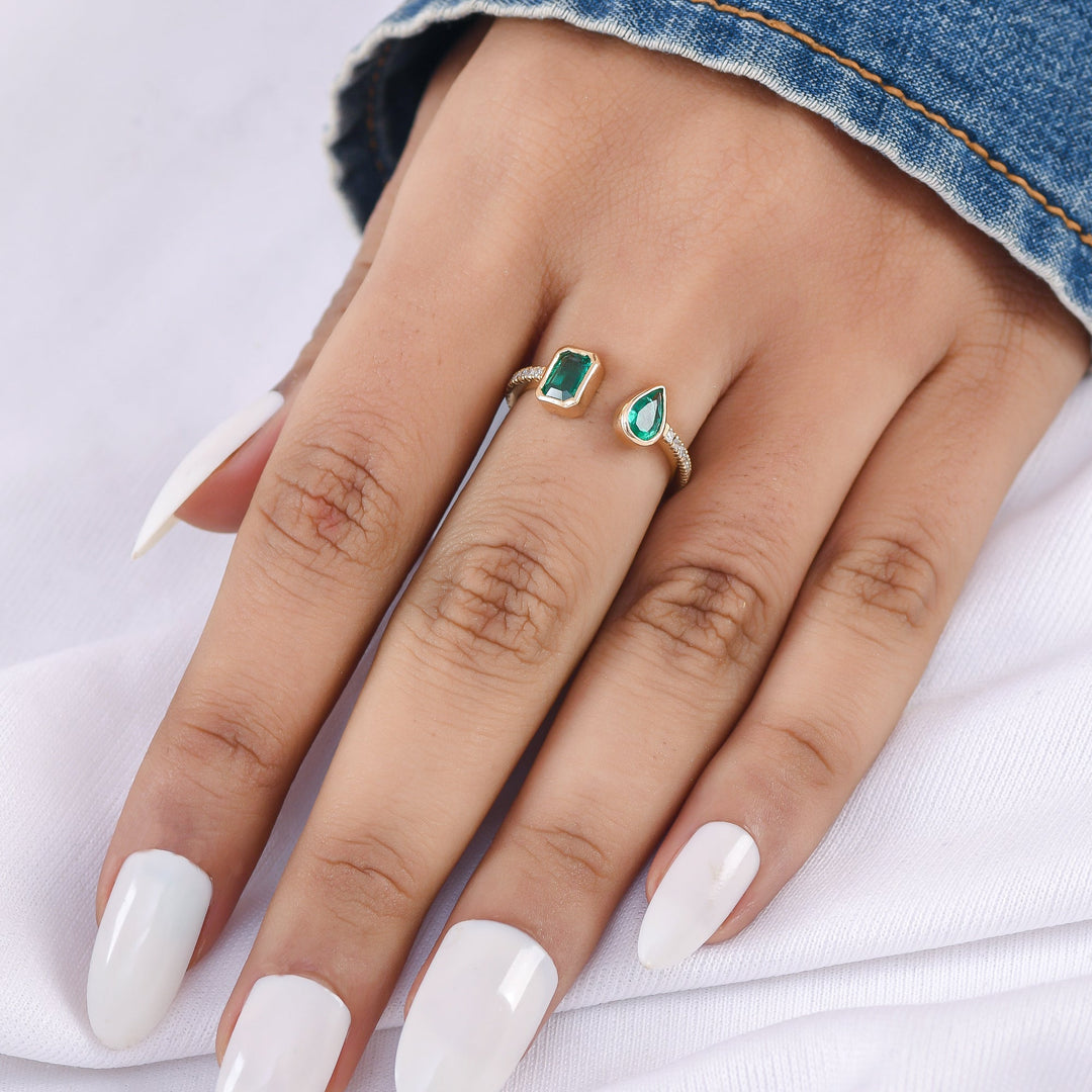 Emerald Octogen Pear Bezel Set Open Ring - qivii