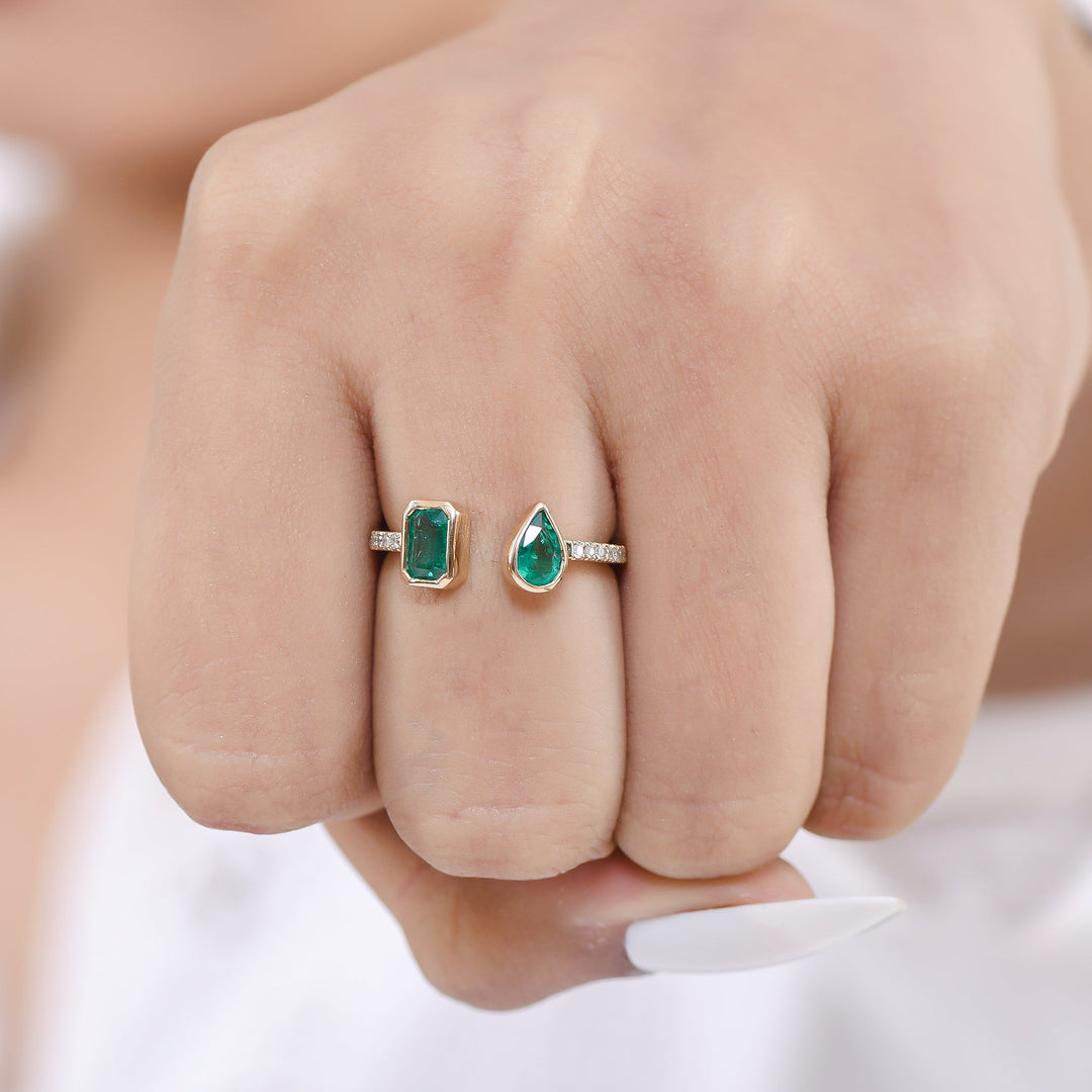 Emerald Octogen Pear Bezel Set Open Ring - qivii