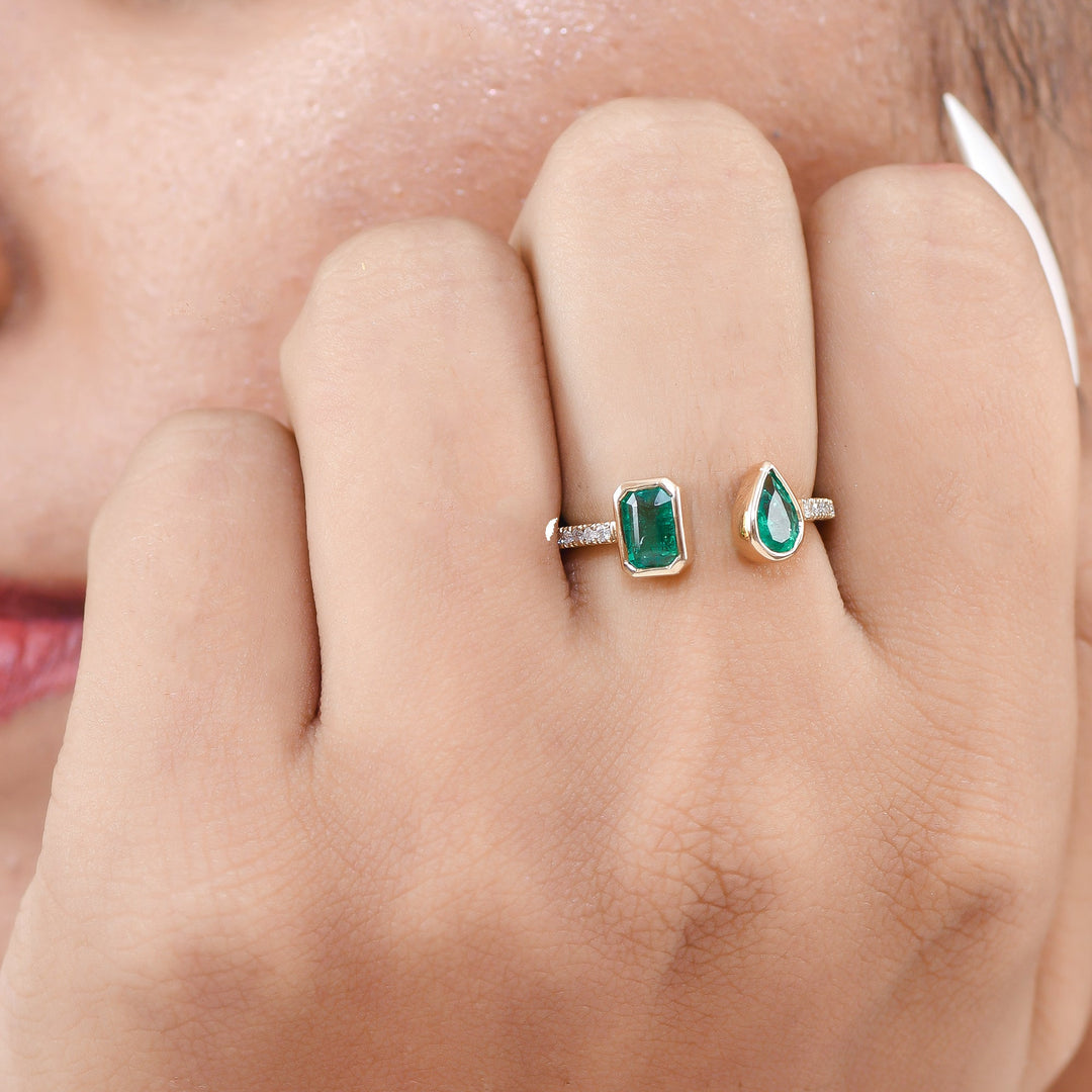 Emerald Octogen Pear Bezel Set Open Ring - qivii