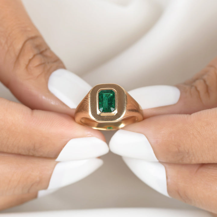 Emerald Octagon Bezel Set Signet Ring - qivii