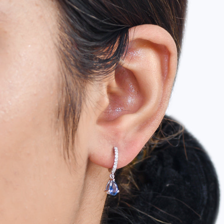 Blue Sapphire Pear Mini Huggies Earrings - qivii