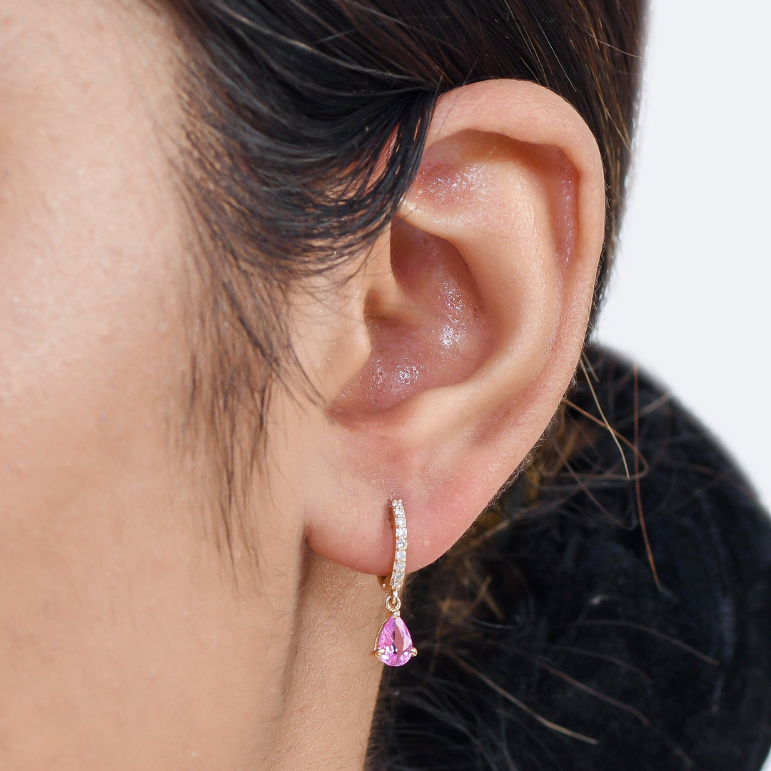 Pink Sapphire Pear Diamond Mini Huggies Earrings - qivii