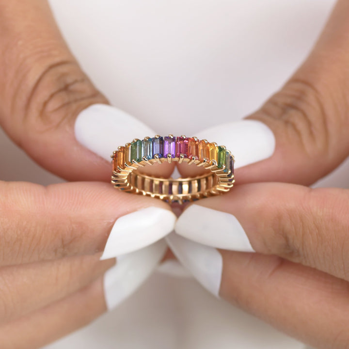 Rainbow Gemstone Vertical Baguette Ring - qivii