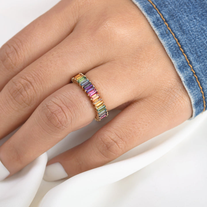 Rainbow Gemstone Vertical Baguette Ring - qivii