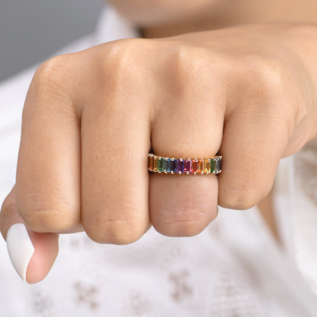 Rainbow Gemstone Vertical Baguette Ring - qivii