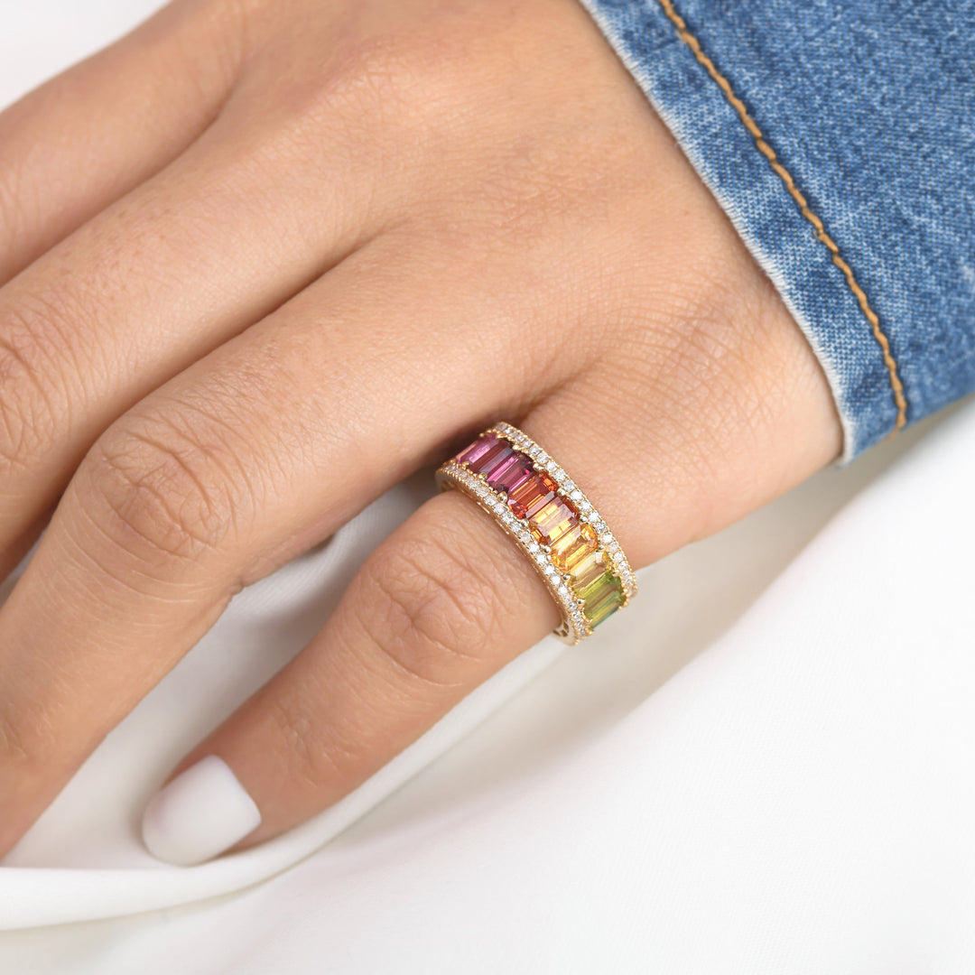 Rainbow Gemstone Octagon and Diamond Ring - qivii