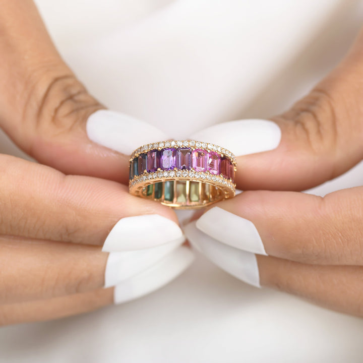 Rainbow Gemstone Octagon and Diamond Ring - qivii