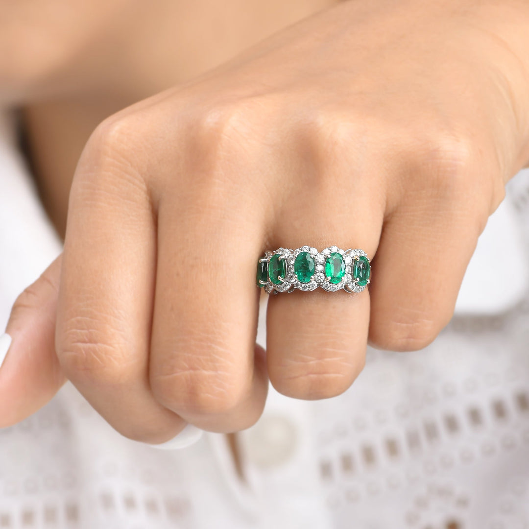 Emerald and Diamond Oval Five Stone Ring - qivii