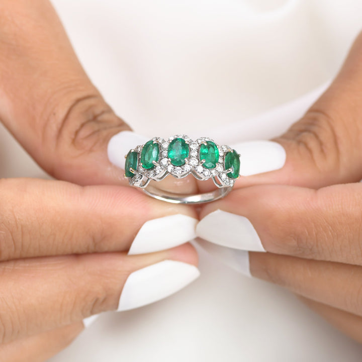 Emerald and Diamond Oval Five Stone Ring - qivii