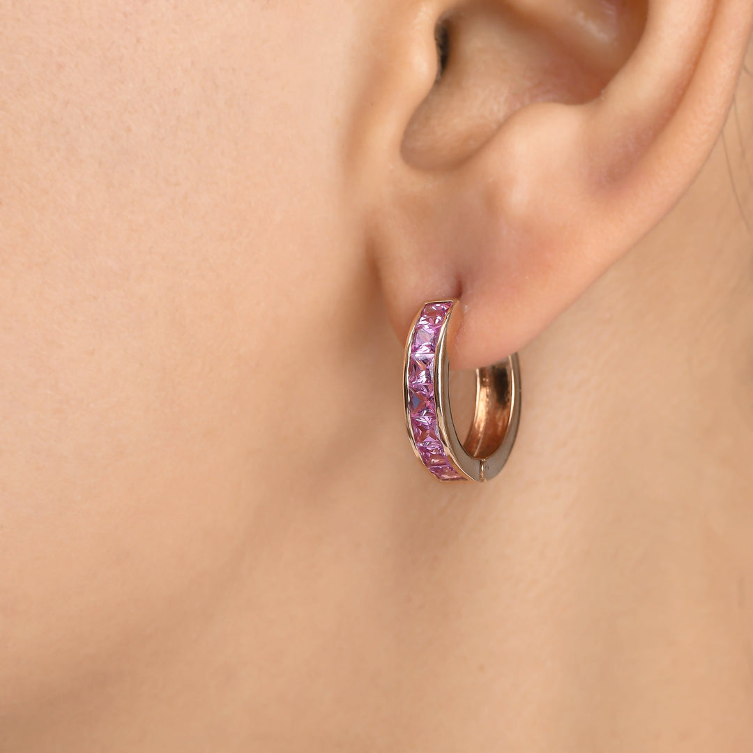 Pink Sapphire Princess Cut Huggies - qivii