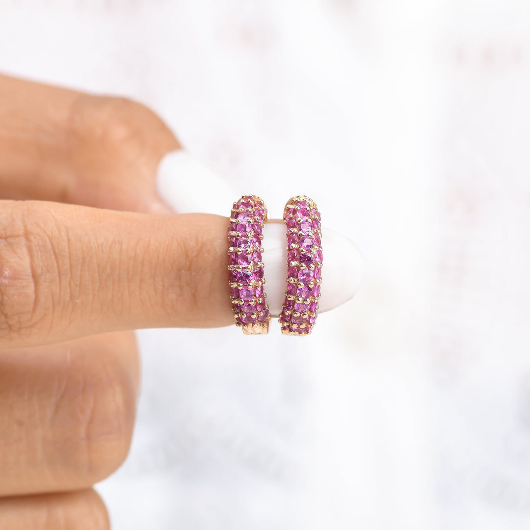 Pink Sapphire Mini Pave Huggies - qivii