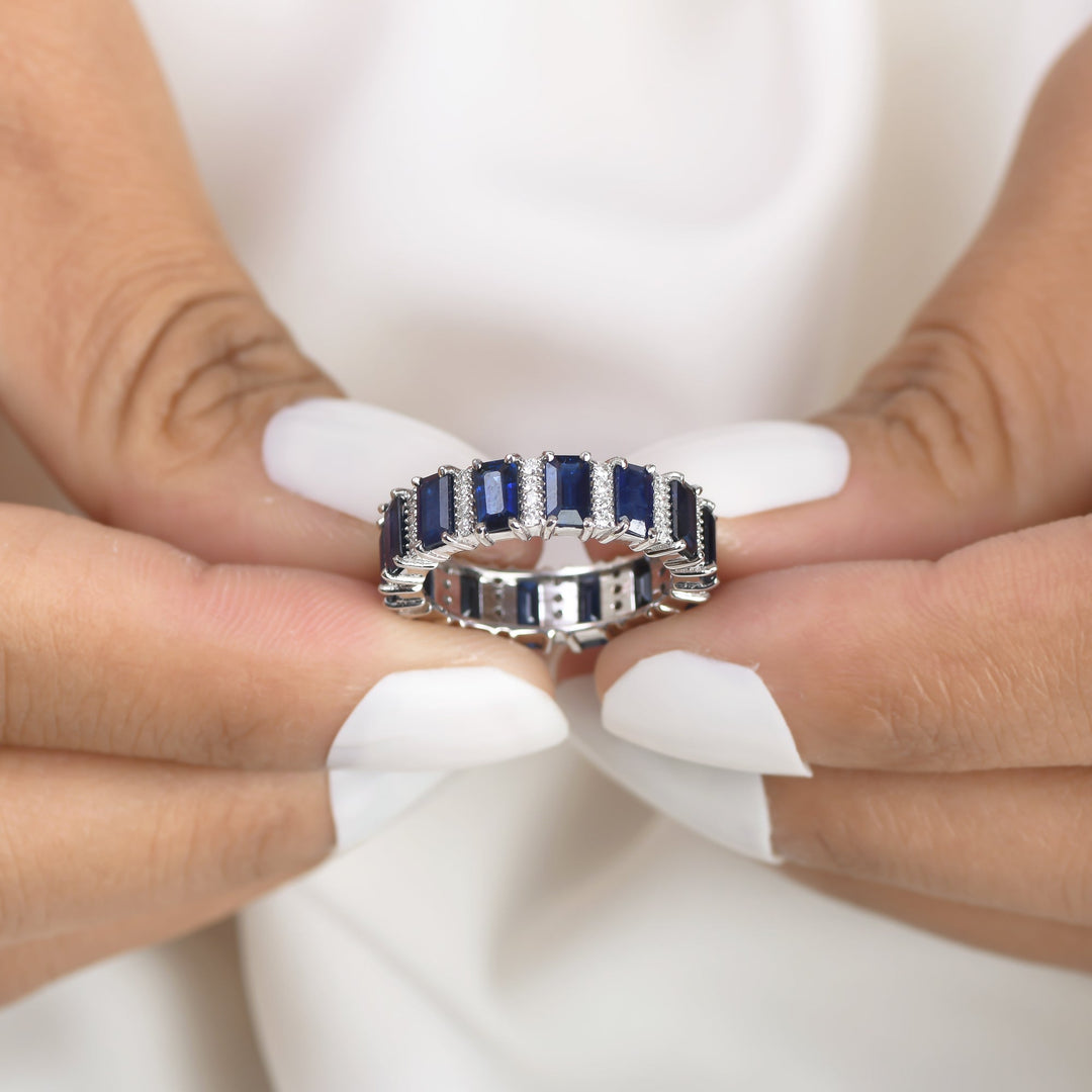 Blue Sapphire and Diamond Alternate Ring - qivii