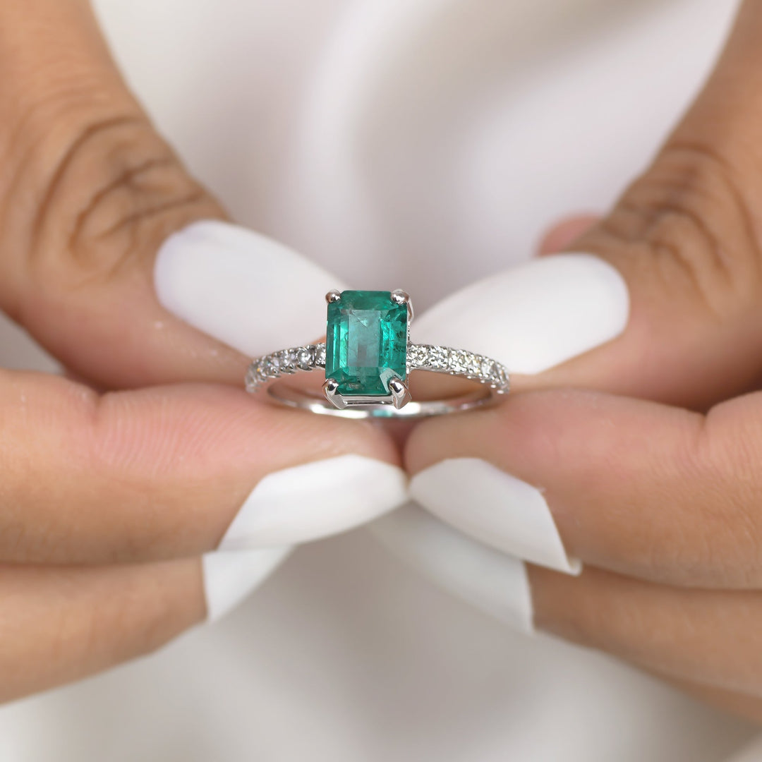Emerald Octagon Diamond Solitaire Ring - qivii