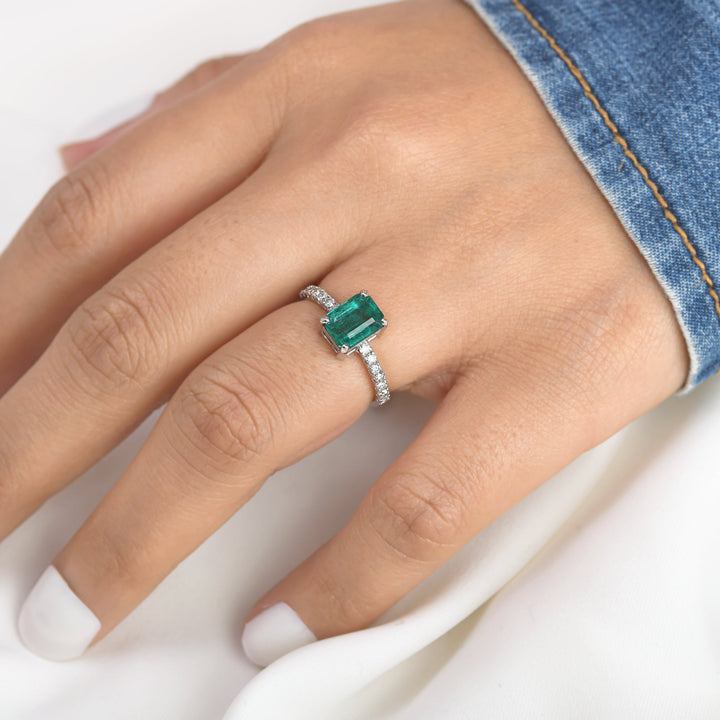 Emerald Octagon Diamond Solitaire Ring - qivii