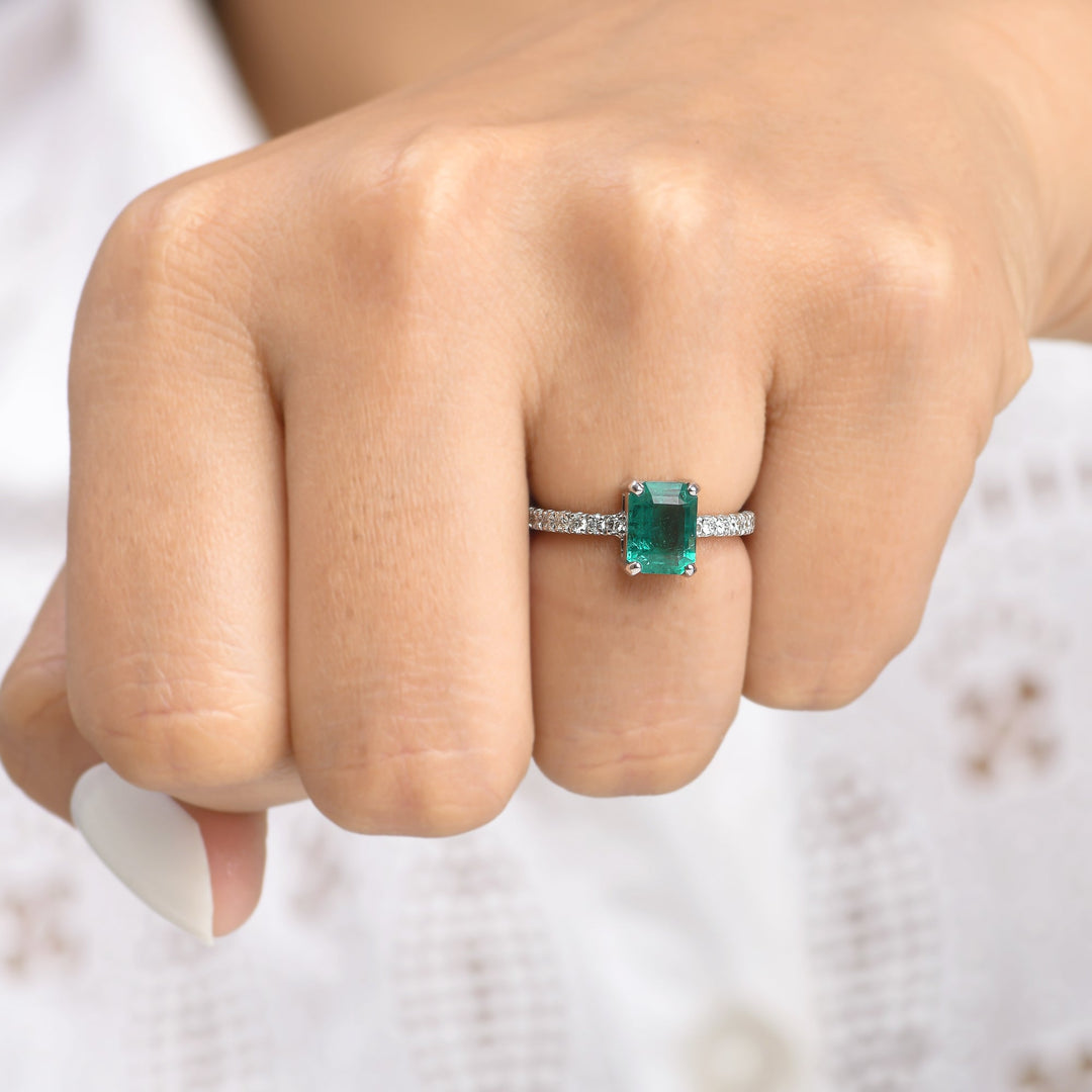 Emerald Octagon Diamond Solitaire Ring - qivii