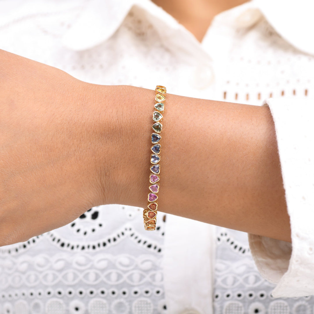 Rainbow Sapphire Heart Bezel Set Bracelet - qivii